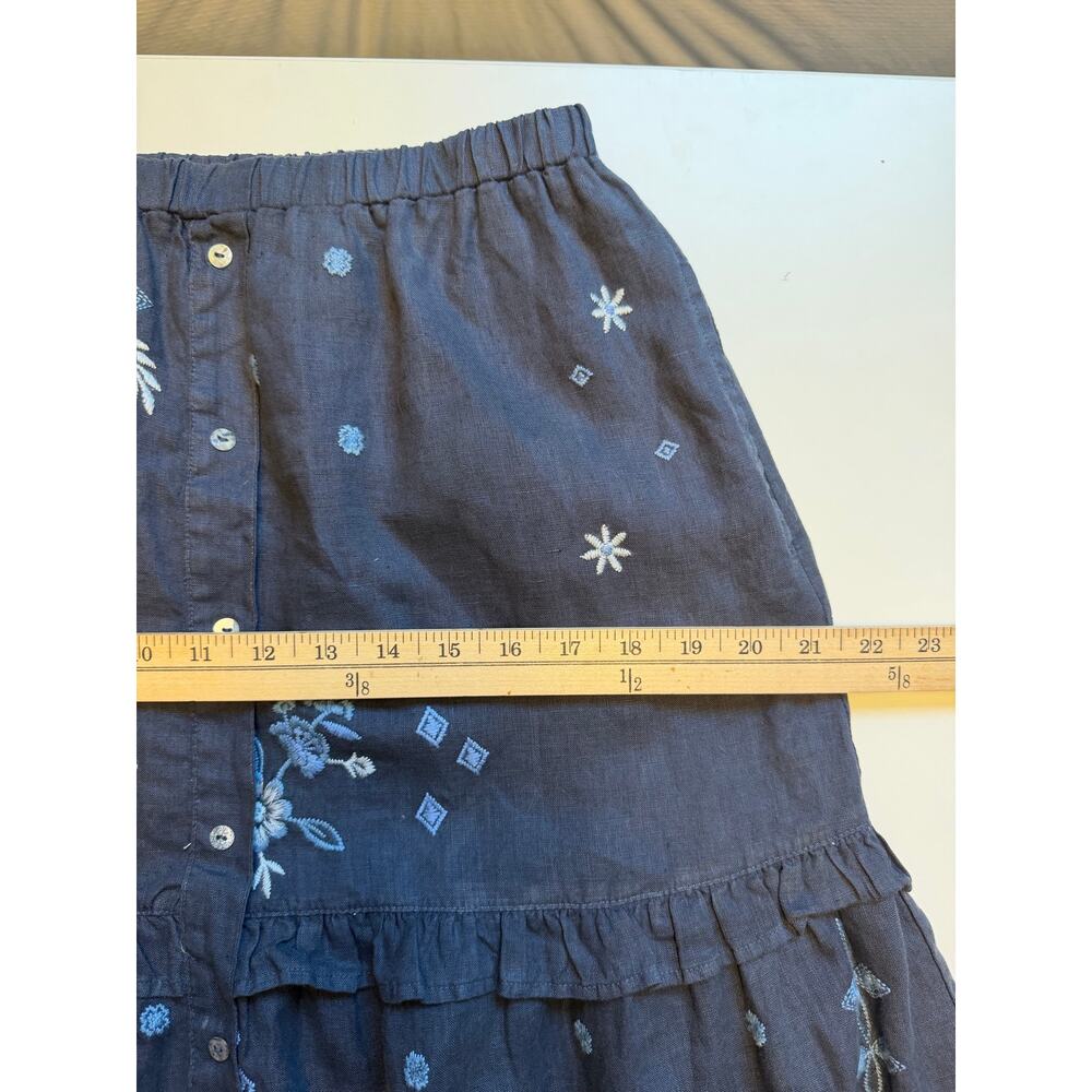 JOHNNY WAS Nico Ruffle Tiered Midi Skirt Womens XS Blue Linen Embroidered Boho - Picture 12 of 13